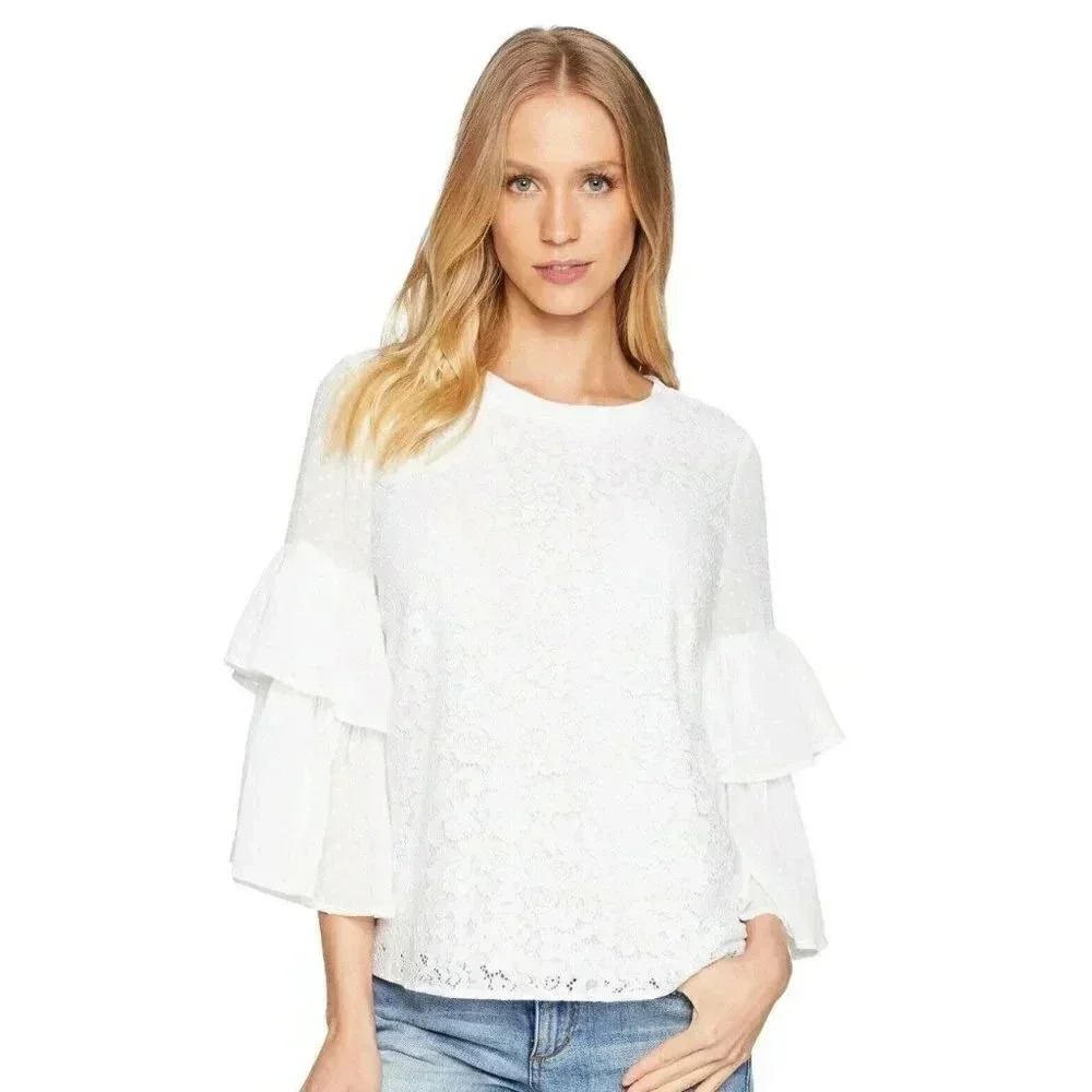 Kensie Romantic Boho White Lace Top Ruffled Sleeves Size Large - Picture 11 of 11